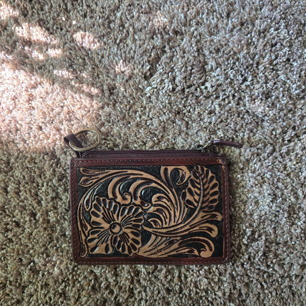 Floral Embossed Leather Wallet - Brown